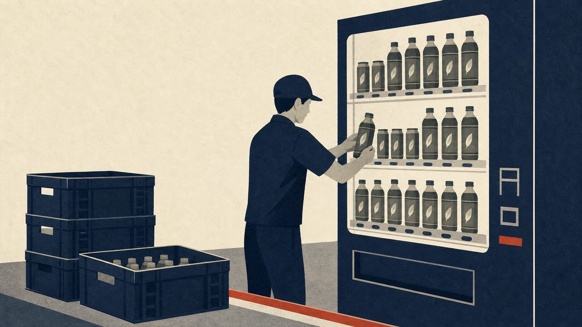 A worker restocking a vending machine with canned and bottled green tea beside stacked delivery crates on a loading dock.