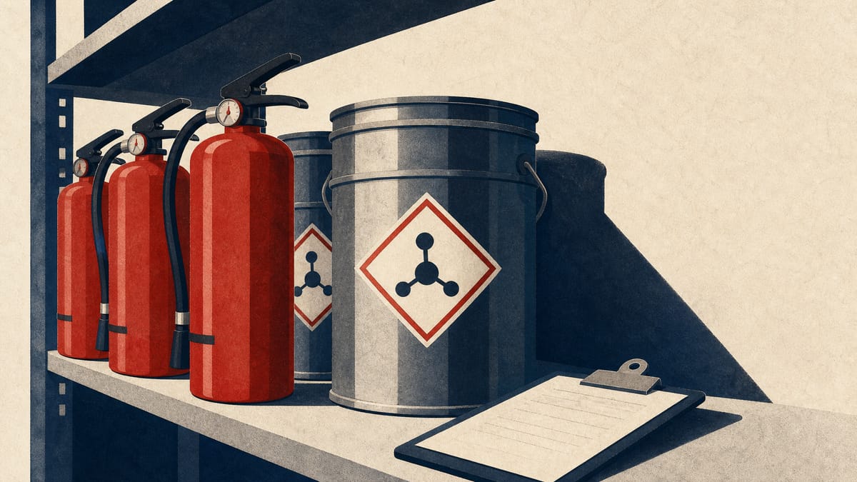 Rows of fire extinguishers and foam-agent containers on warehouse shelving, representing updated chemical handling standards for firefighting equipment.