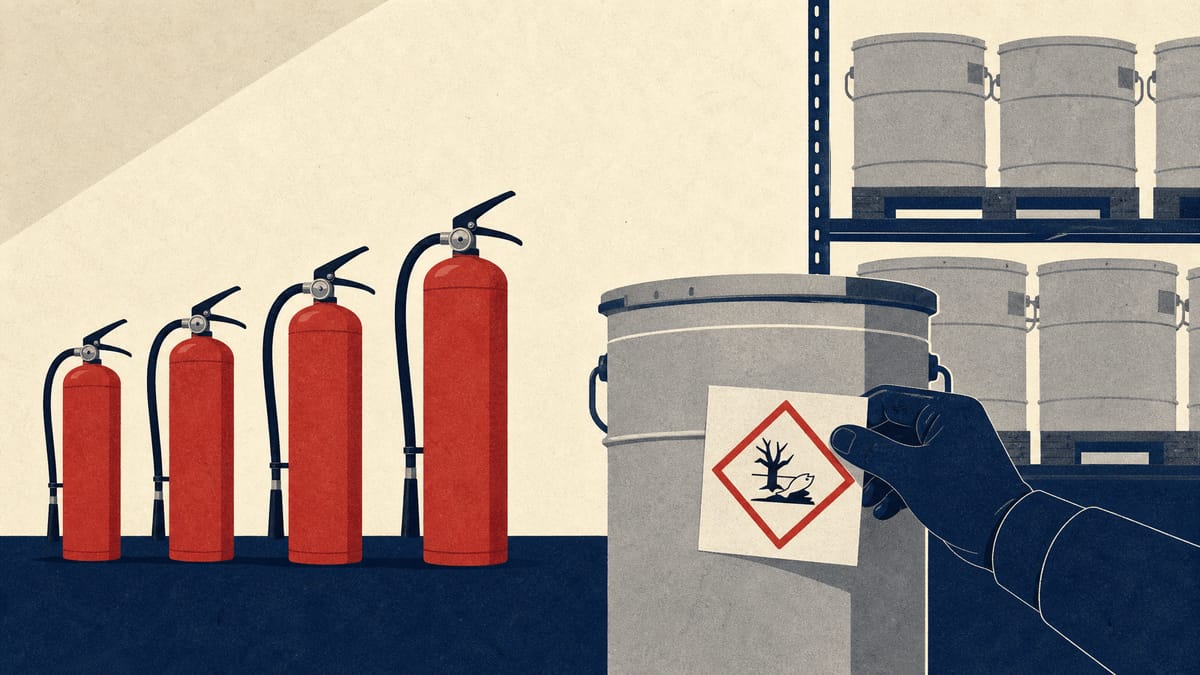 Illustration of fire extinguishers and foam extinguishing agent drums being inspected and labeled in an industrial storage area, representing Japan's expanded chemical labeling and handling rules for PFAS-containing firefighting equipment.