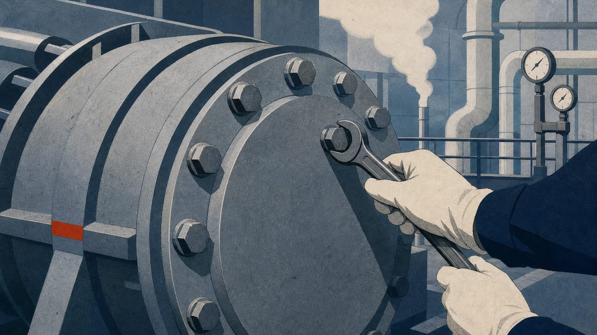 Illustration of a technician securing a bolted closure cap on a large steam turbine casing inside a power plant, with steam pipes and pressure gauges visible in the background.