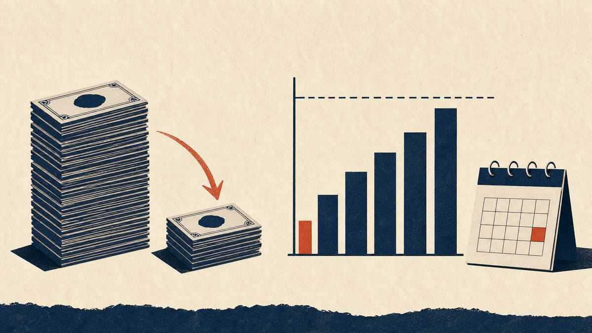 Illustration of a shrinking stack of share certificates beside a bar chart and calendar, representing a corporate share-buyback program tracked against a deadline.