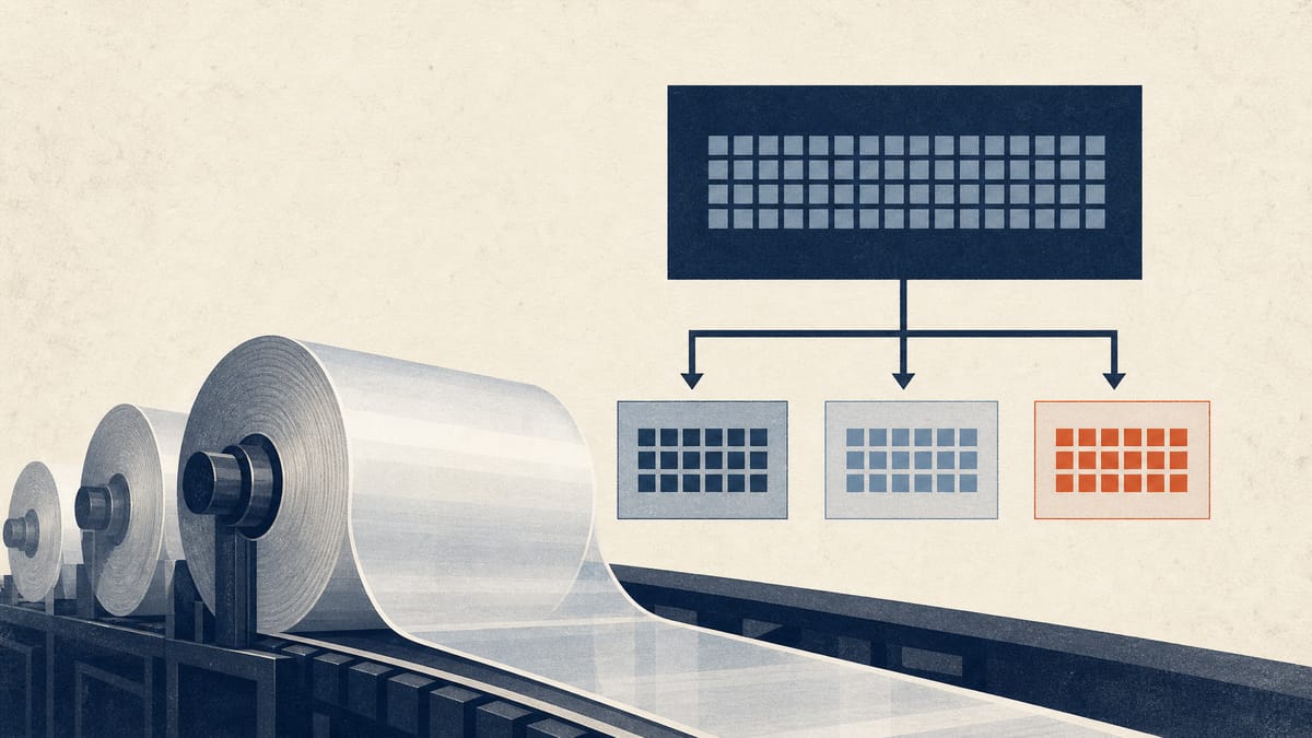 Illustration of industrial adhesive-film rolls overlaid with a diagram showing blocks of shares splitting into smaller ownership allocations.