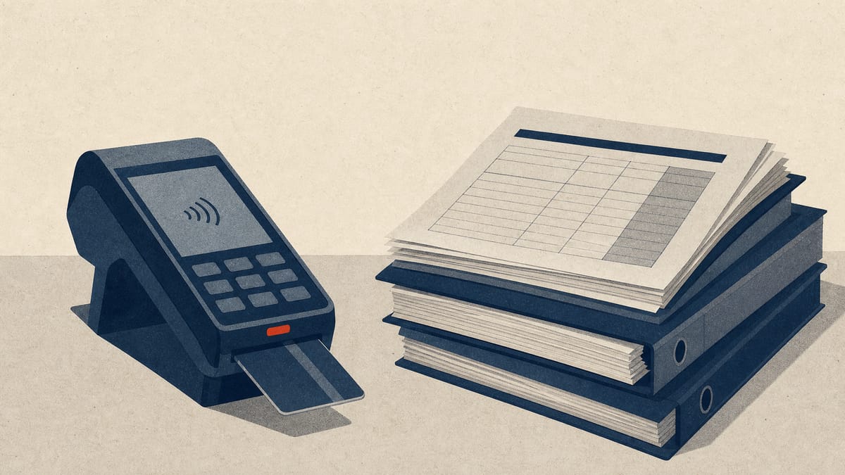 Illustration of an electronics-store checkout counter with a payment terminal and stacked invoice ledgers, representing Nojima's integration of retail sales with its newly acquired consumer credit unit.