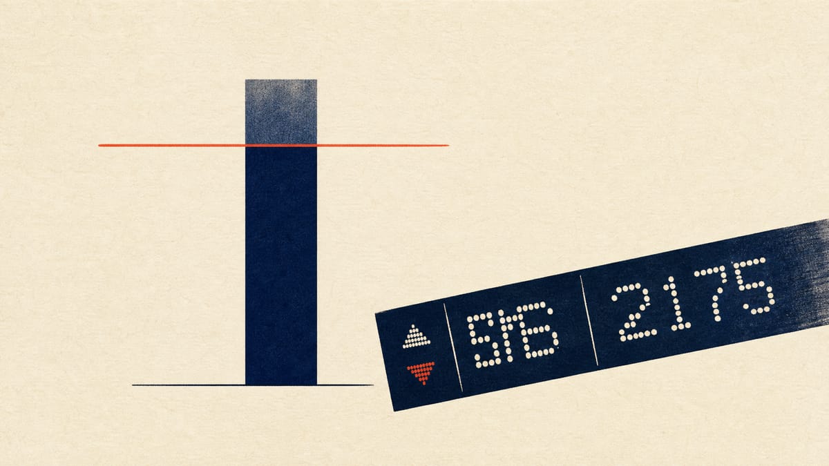 Abstract chart showing a shareholding percentage bar rising past a threshold line next to a simplified stock ticker strip.