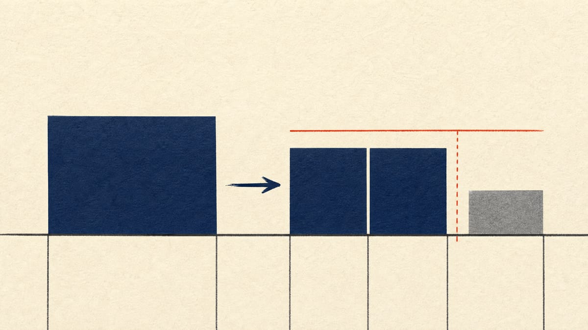 Abstract illustration of ownership share blocks shifting between three corporate entities on a ledger grid.