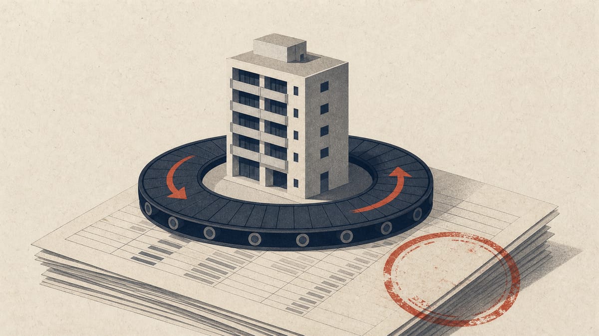 Illustration of a small apartment-building model on a circular loop above ledger sheets, symbolizing a real estate fund repeatedly resold and bought back.