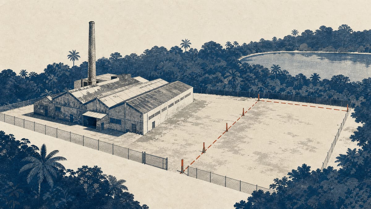 Illustration of a textile factory site divided by land-transfer boundary markers, with a reservoir and forest edge in the background.