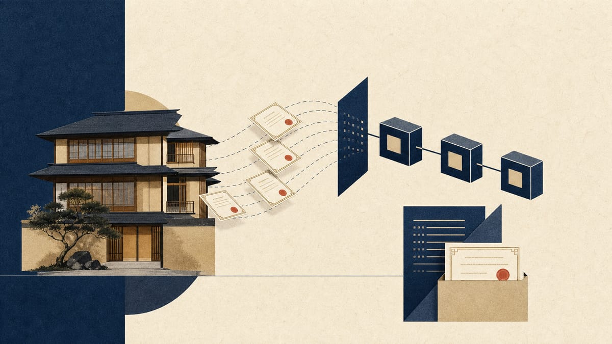 Illustration of ownership certificates flowing from a boutique hotel into a chain of linked digital tokens, representing a real estate security token offering.