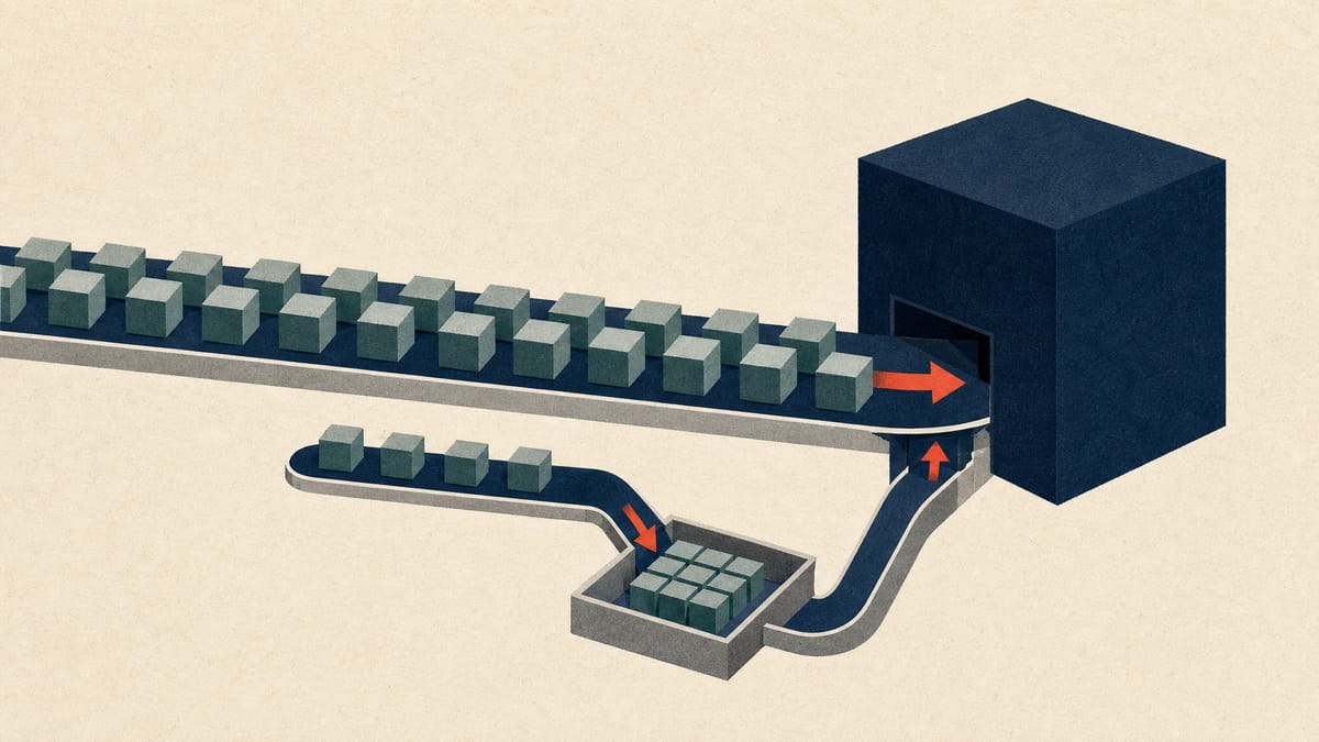 株式のブロックが2つの異なる経路をたどり、単一の所有ブロックへと向かう様子を描いた抽象図。企業買収における異なる対価の道筋を表している。