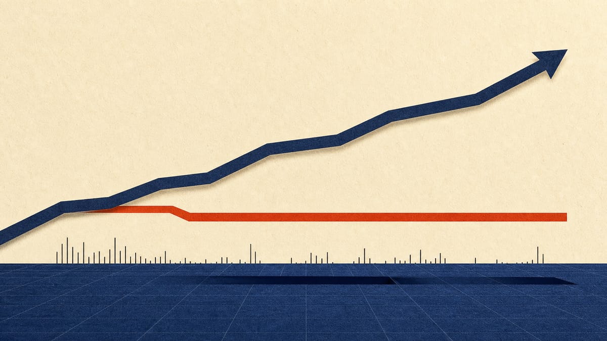 Abstract illustration of a flat price line diverging from a rising valuation line above sparse trading-volume bars, representing a thinly traded fund's market price falling behind its net asset value.