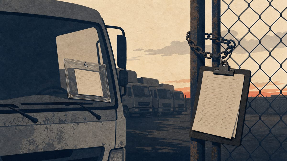 Used trucks parked in a storage yard with vehicle paperwork visible, illustrating an unresolved vehicle-title transfer dispute.