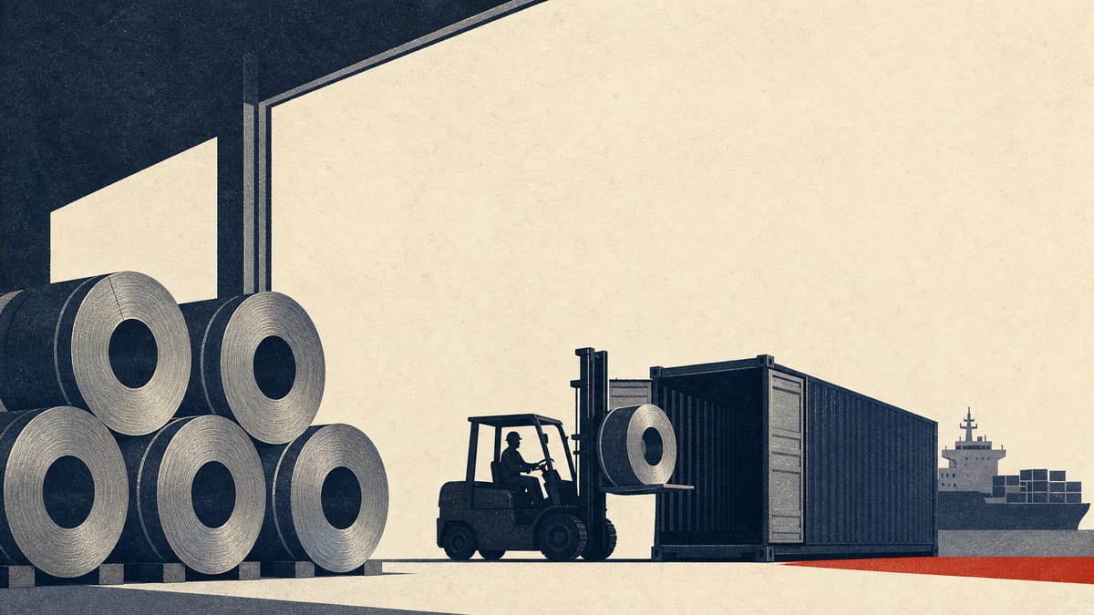 Steel coils being loaded into a shipping container at an industrial warehouse, representing Hanwa's acquisition of a US steel distributor.