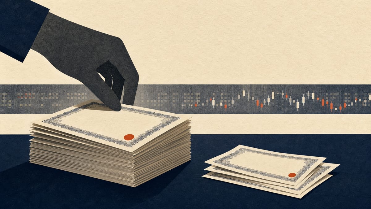 Editorial illustration of share certificates being sorted into accepted and overflow stacks, representing a pro-rata share buyback allocation.