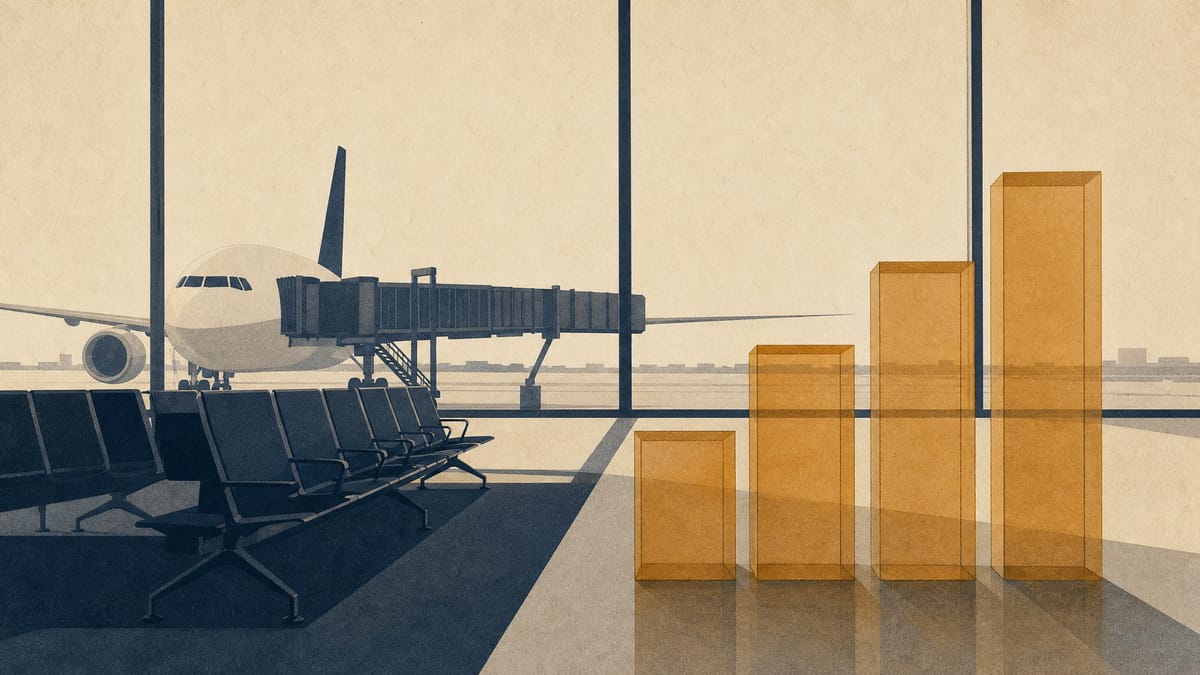 Illustration of an airport terminal concourse with stacked glass blocks representing tranches of a share offering.