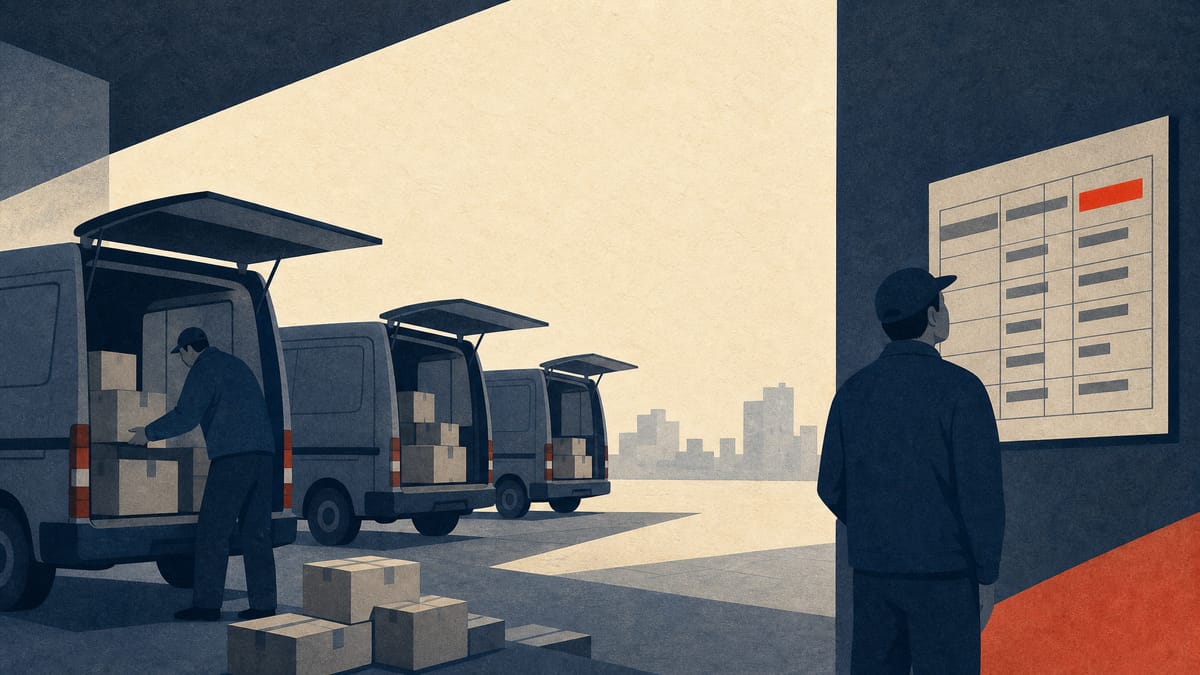 Illustration of delivery drivers loading vans at a postal sorting depot, evoking Japan Post's dispatch of freelance contractors.