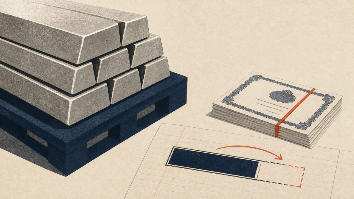 Titanium ingots next to bound stock certificates and a ledger showing a slightly shrinking ownership percentage bar, representing a corporate stake being partially released for a share sale.