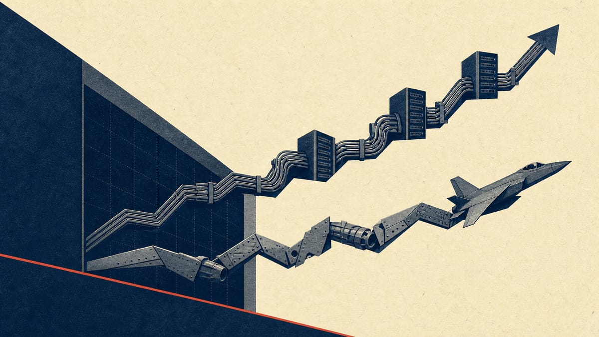 Editorial illustration of two abstract stock-index lines, one built from server-rack cabling and one from precision defense-industry components, on a trading-floor display board.