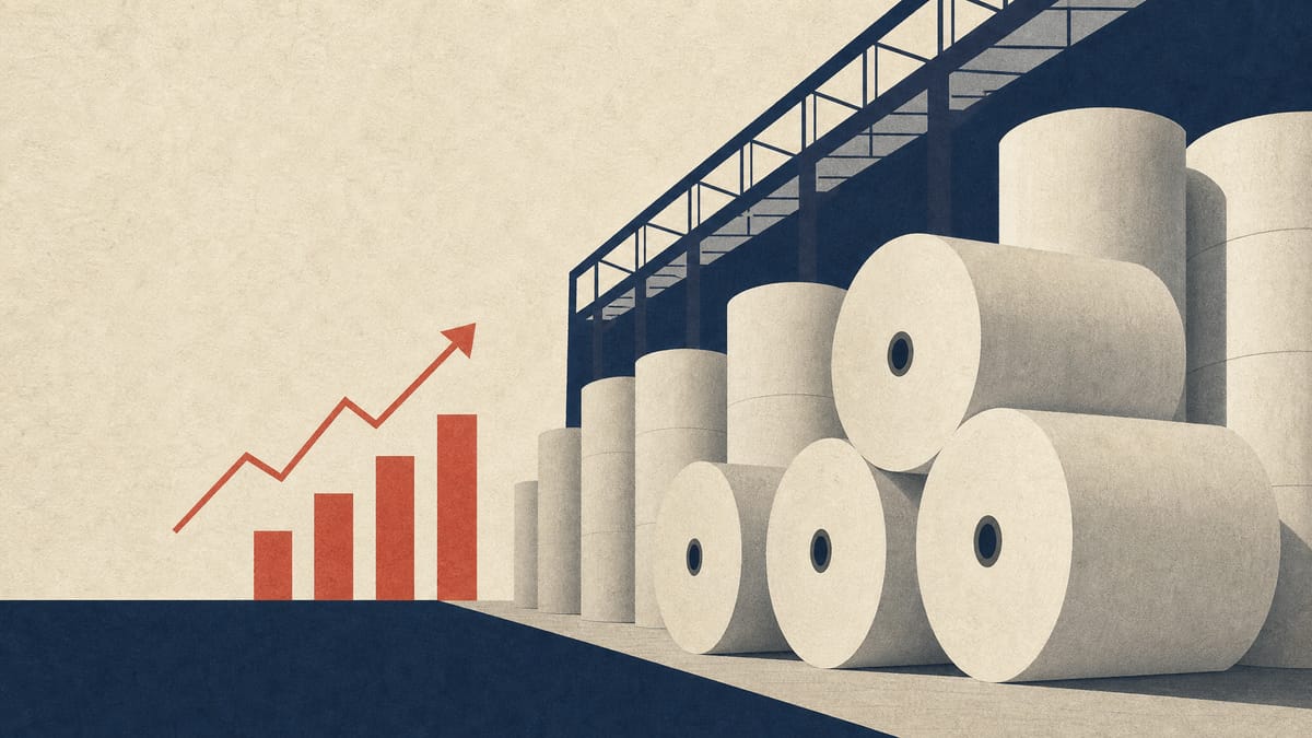 Illustration of a paper mill warehouse with large paper rolls and a faint ascending financial chart motif, representing a company's upward revision of a disclosed special gain.