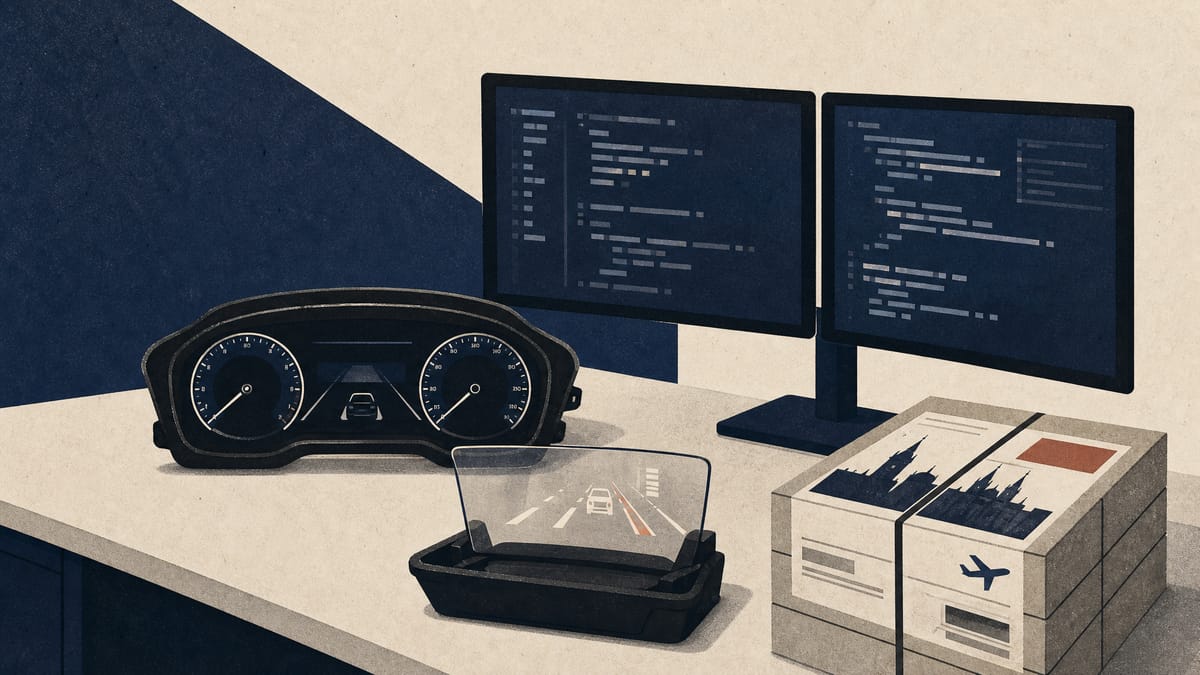 An automotive software workspace with instrument-cluster and head-up-display prototypes beside monitors showing abstract code, evoking a cross-border handover of engineering work.