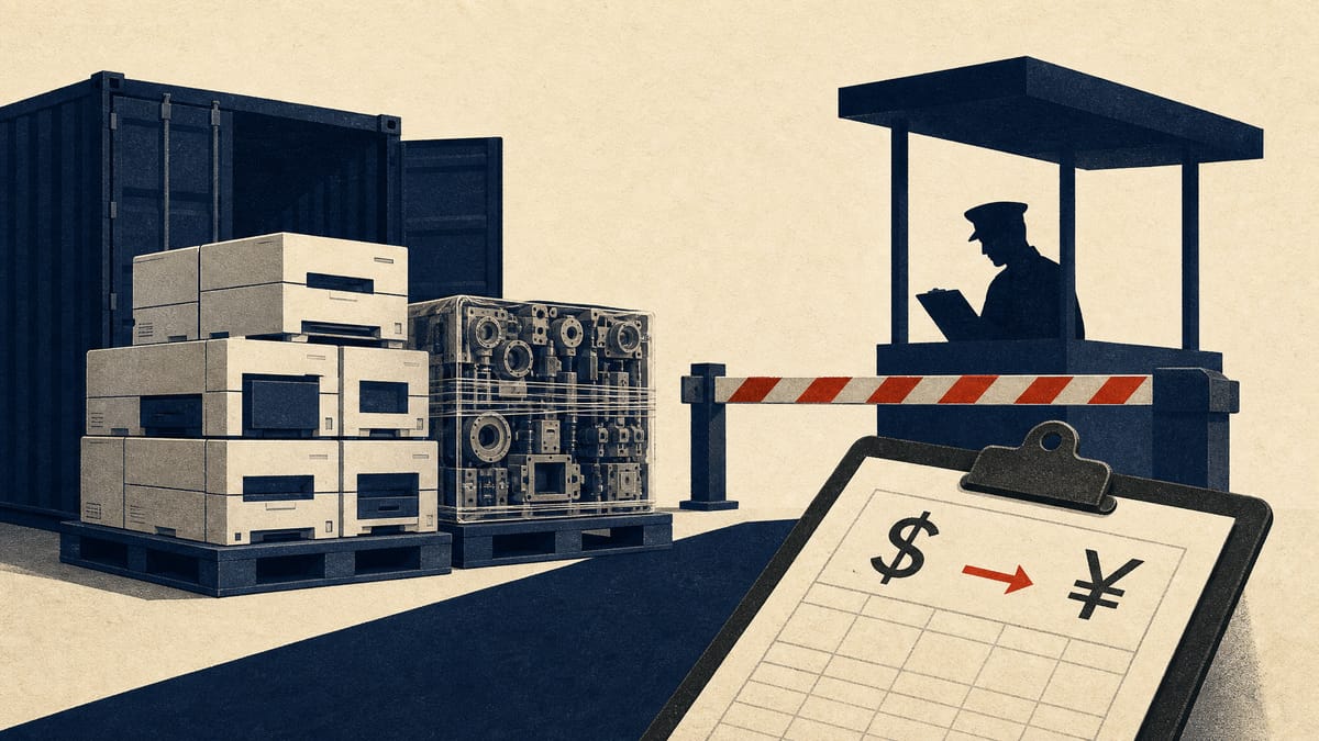 Illustration of a US customs inspection lane with pallets of goods and duty paperwork, representing a tariff refund process.