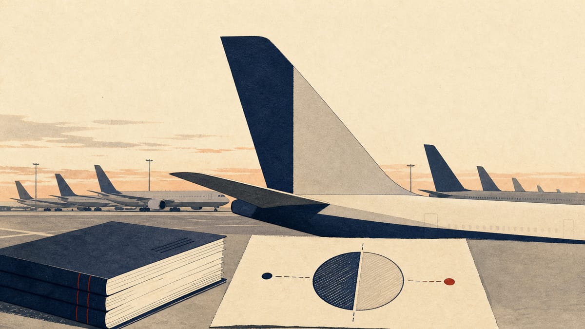 Illustration of an aircraft tail fin split into two colors beside a row of parked leased jetliners, symbolizing a 50-50 ownership handover in aircraft leasing.
