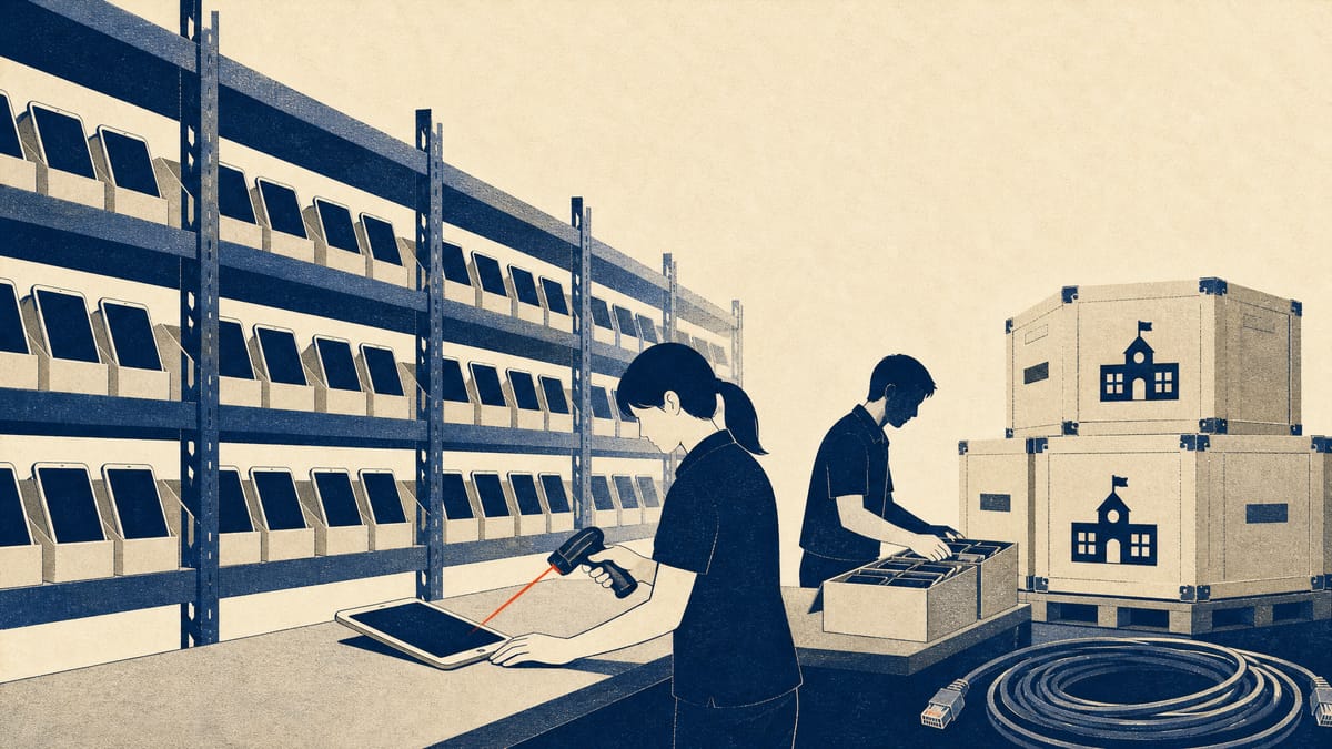 Warehouse technicians unboxing and configuring rows of tablet computers for bulk shipment to schools.