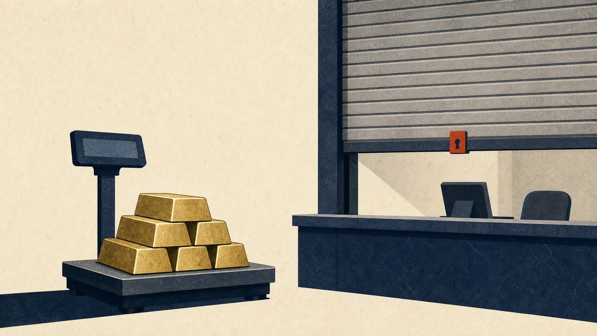 Illustration of gold bullion bars beside a bank counter with a partly lowered shutter, representing a frozen account that halted bullion trading.