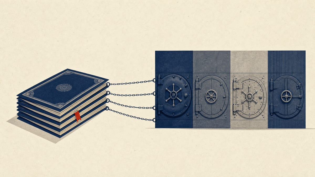 Illustration of stacked share certificates chained to a row of bank vault doors, representing a family holding company's shares pledged as collateral to multiple banks.