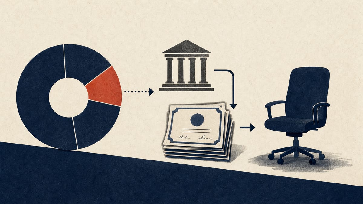Illustration of a corporate ownership chart with one wedge highlighted, debt arrows feeding a share buyback, and an empty boardroom chair representing a shareholder dispute over capital policy and board seats.