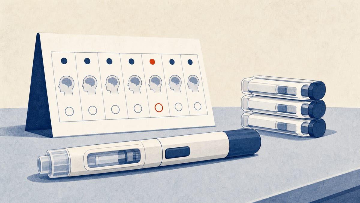皮下自己注射用ペンと週1回投与カレンダーのイラスト(アルツハイマー病治療薬の在宅投与を表現)