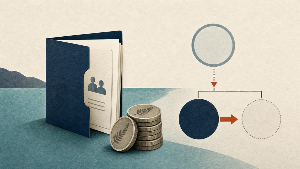 Illustration of an ownership-transfer diagram with New Zealand dollar coin icons and a life-insurance policy folder, representing a cross-border insurance acquisition.