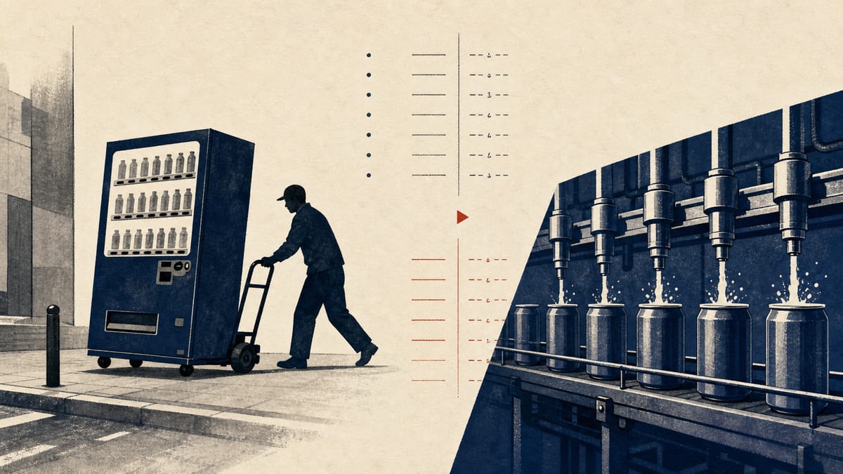 Illustration of a vending machine being removed from a street corner beside a beverage bottling line, representing DyDo's shrinking domestic vending business and growing overseas manufacturing.