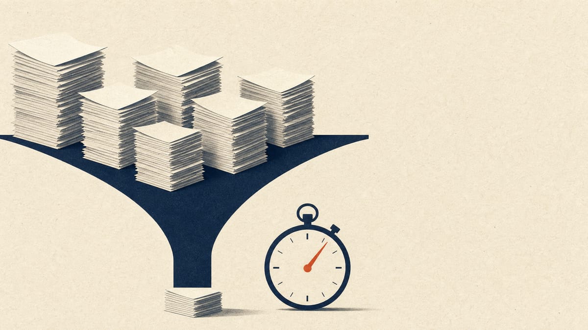 Illustration of multiple overlapping paper disclosure documents funneling into one narrower filing stream beside a stopwatch, representing the push to consolidate Japan's corporate disclosure paperwork.