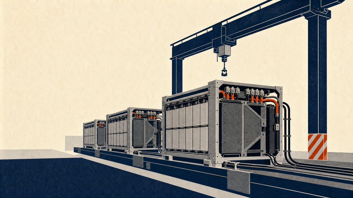 Illustration of a factory floor with rows of stationary lithium-ion battery modules and overhead cabling, representing battery-manufacturing capacity investment.