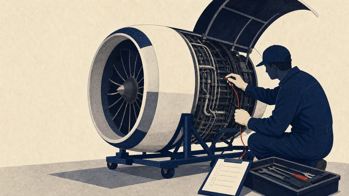 A technician checking gauges and wiring during a ground engine test run on an aircraft in a maintenance hangar.