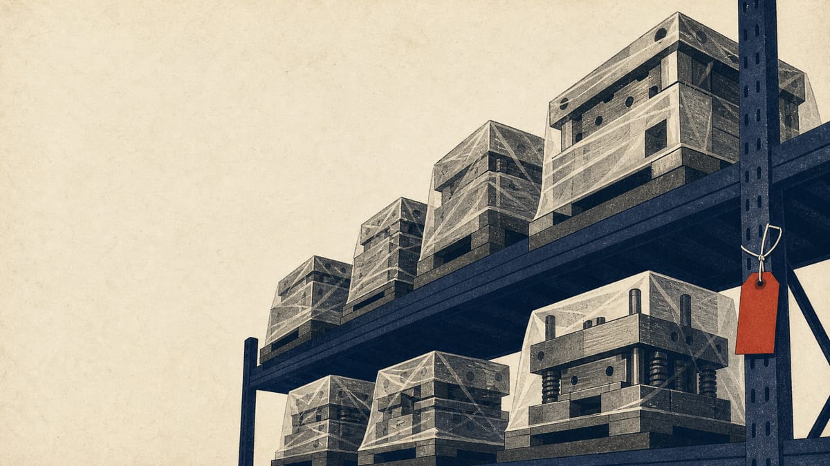 Stacks of metal stamping molds and jigs on industrial warehouse shelving, representing uncompensated tooling storage at automotive-parts subcontractors.
