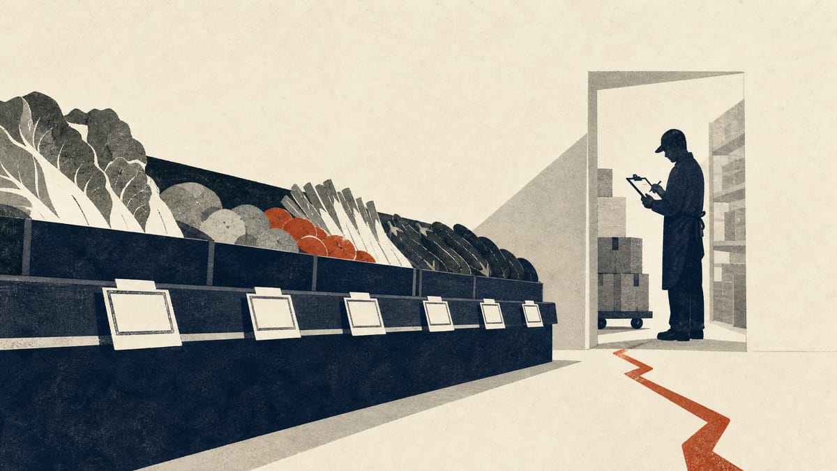 Illustration of a supermarket aisle with stocked shelves, price tags and a worker checking a delivery clipboard, evoking cost pressure in food retail.