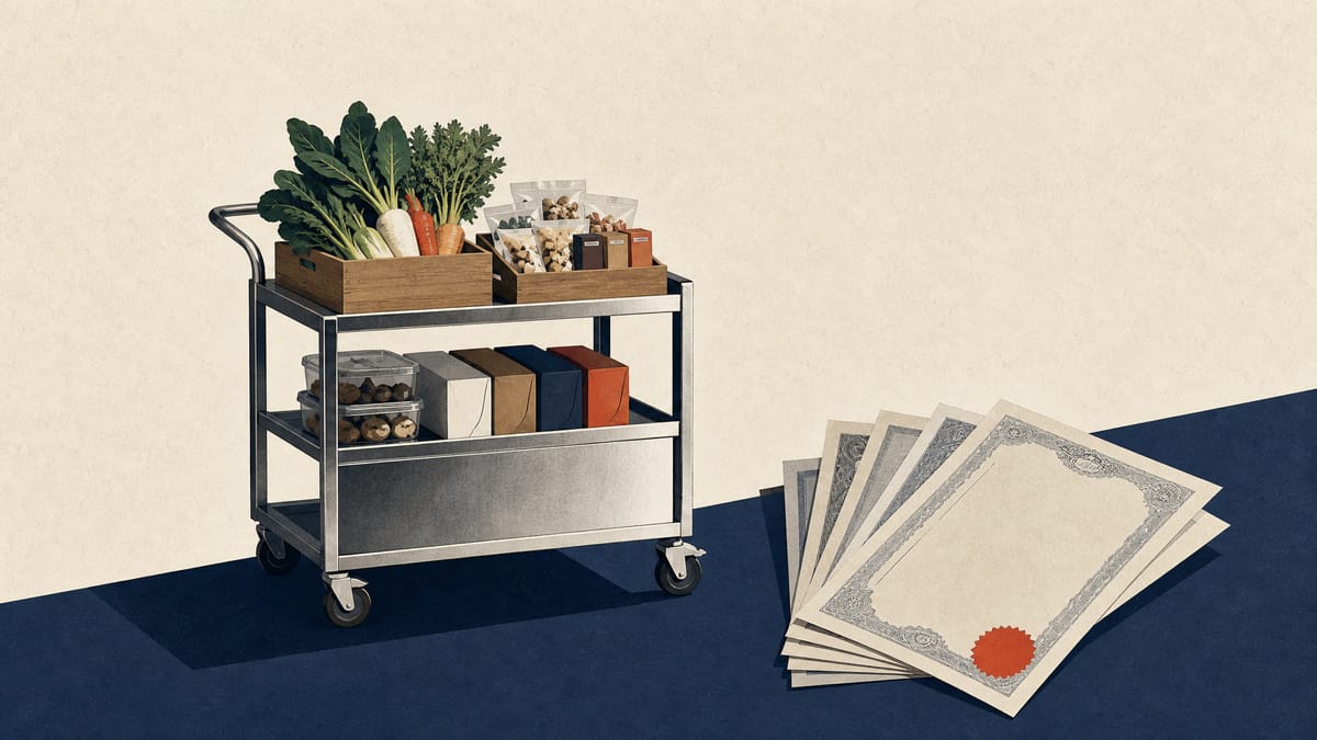 Illustration of an office pantry cart stocked with crates of vegetables and snack boxes next to a fanned stack of blank paper stock certificates, representing a workplace food-service company's public share offering.