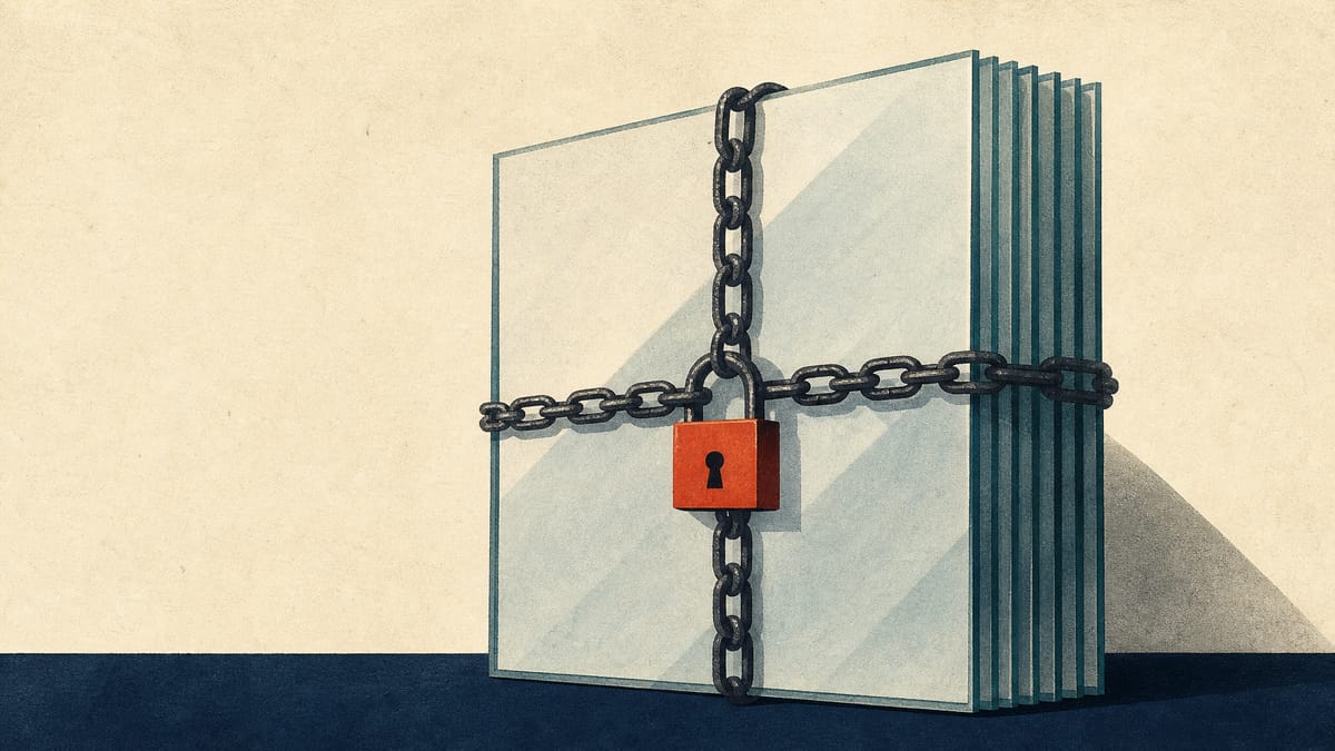 Stacked industrial glass panes bound with a steel chain and padlock, symbolizing shares pledged as loan collateral in a corporate buyout.