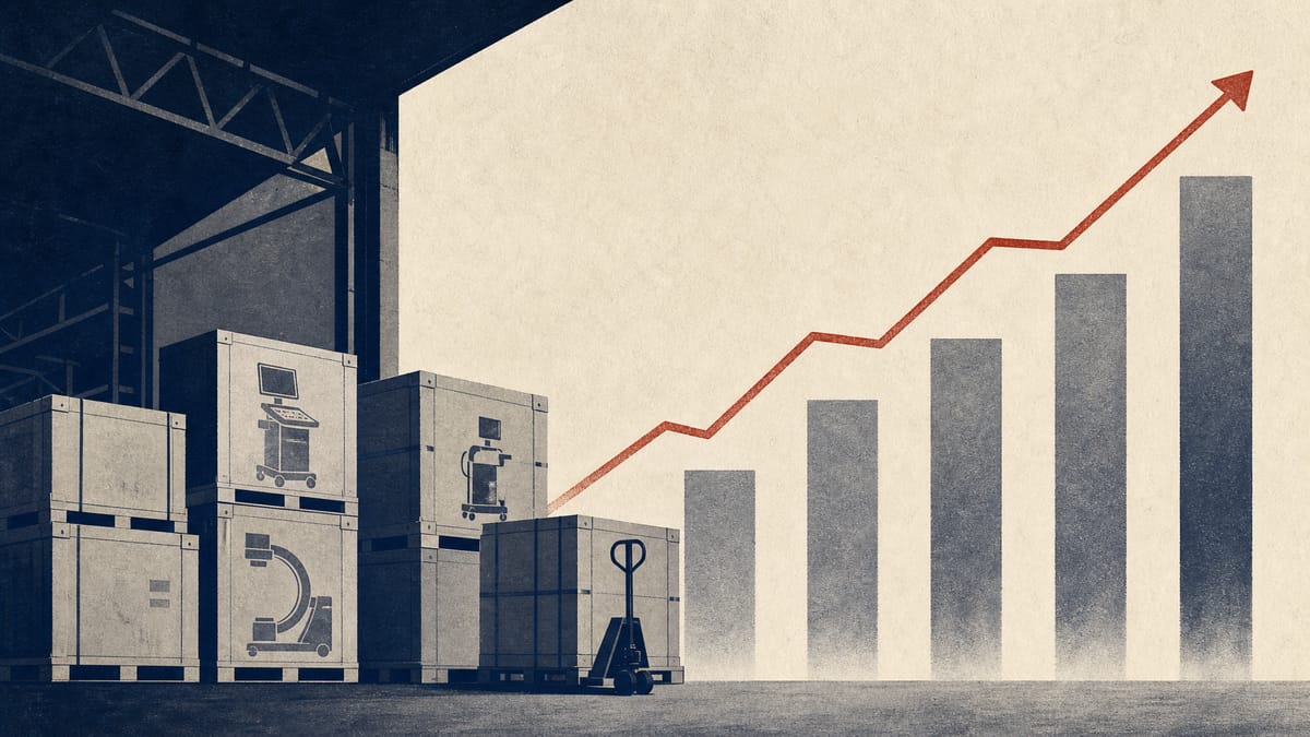 Illustration of a medical-equipment distribution warehouse with an ascending bar-chart line overlay symbolizing a corrected lease-obligation figure.