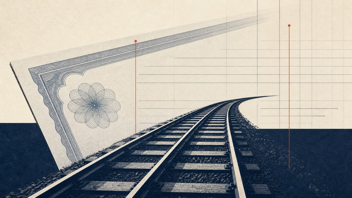 Editorial illustration of railway tracks overlaid with abstract bond and ledger line work, representing a rail company's debt refinancing.