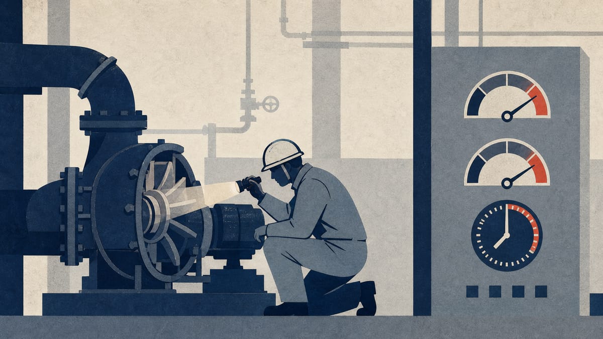 Illustration of a technician inspecting an industrial pump next to a control panel with abstract risk-gauge dials and a countdown timer, representing rules for maintenance performed while equipment stays in service.