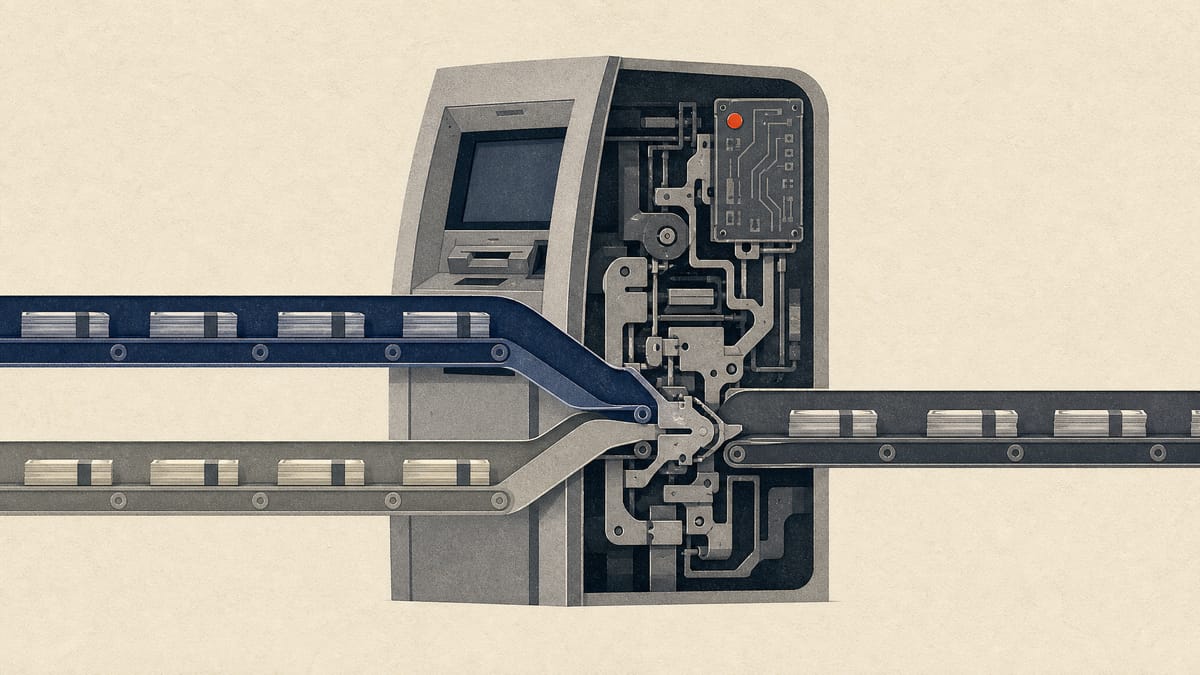 Illustration of two automated teller machine production lines merging into one, representing a joint manufacturing venture.