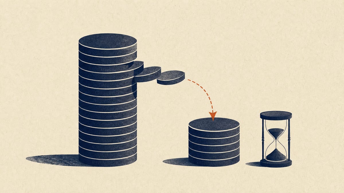 Illustration of a coin stack representing reserved acquisition funds partly pouring into a working-capital coin stack, with an hourglass symbolizing a delayed disclosure.