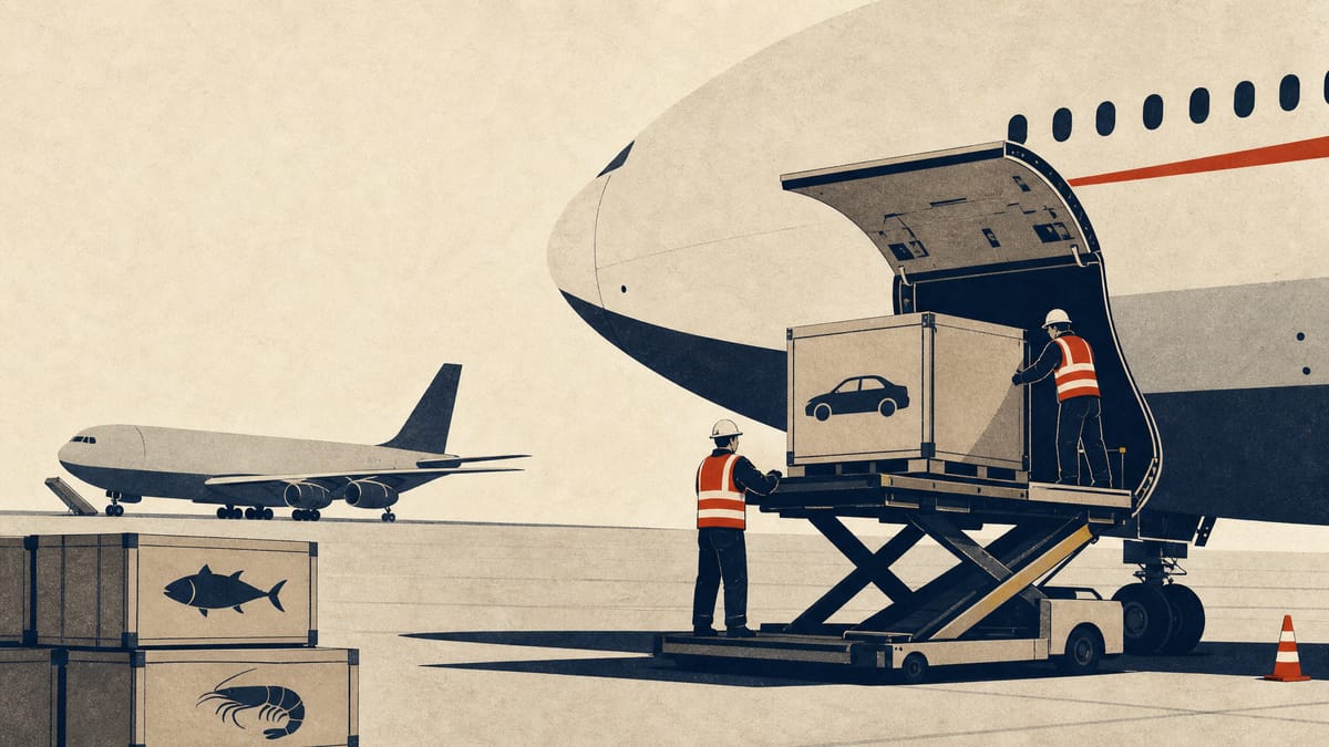 Ground crew loading cargo containers into a passenger aircraft's belly hold on an airport tarmac, with an idle cargo freighter aircraft parked in the background.