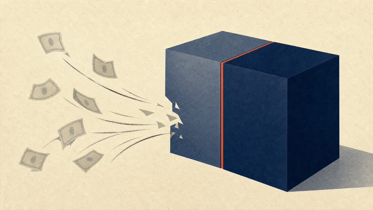 Illustration of two large corporate ownership blocks merging while scattered minority shareholdings fold inward, representing a squeeze-out through share consolidation.