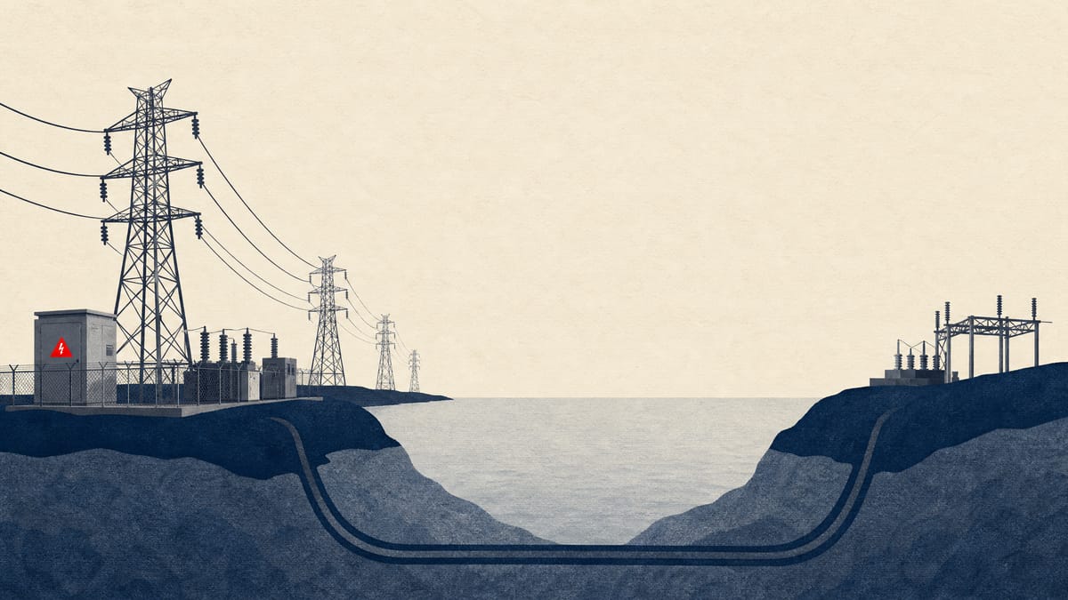 Illustration of transmission towers and cable conduits representing Hokkaido Electric Power's grid interconnection expansion funded by its new green bond.