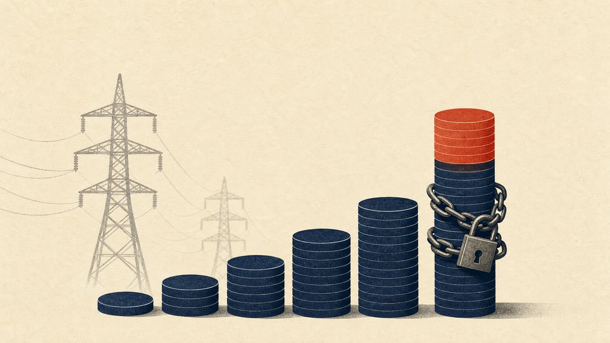 Illustration of transmission towers behind a rising stack of coin-like discs partly bound in a chain, symbolizing a leveraged stake build in a utility company.