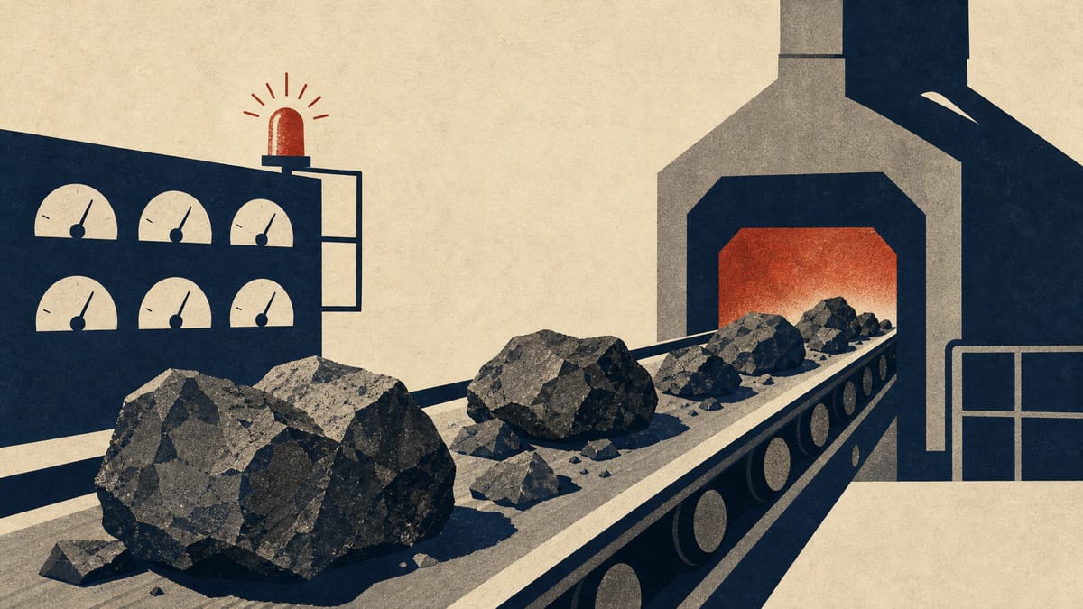 Illustration of raw mineral ore on an industrial conveyor belt feeding into a smelting furnace, evoking Japan's critical minerals supply chain.