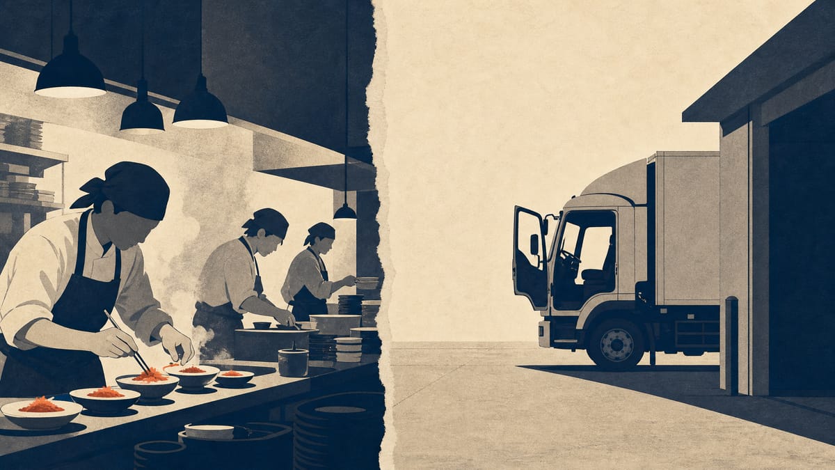Split image of a busy restaurant kitchen with staff and an empty truck cab at a loading dock, representing uneven use of Japan's foreign-worker visa quotas.